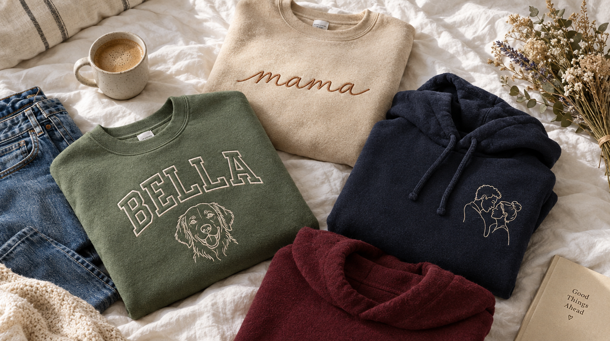 Bestickte Hoodies und Pullover in Salbeigrün, Sand, Navy und Bordeaux