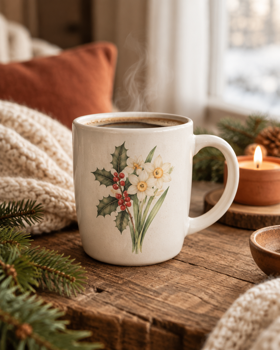 Geburtsblumen-Tasse mit Kaffee in winterlicher Stimmung