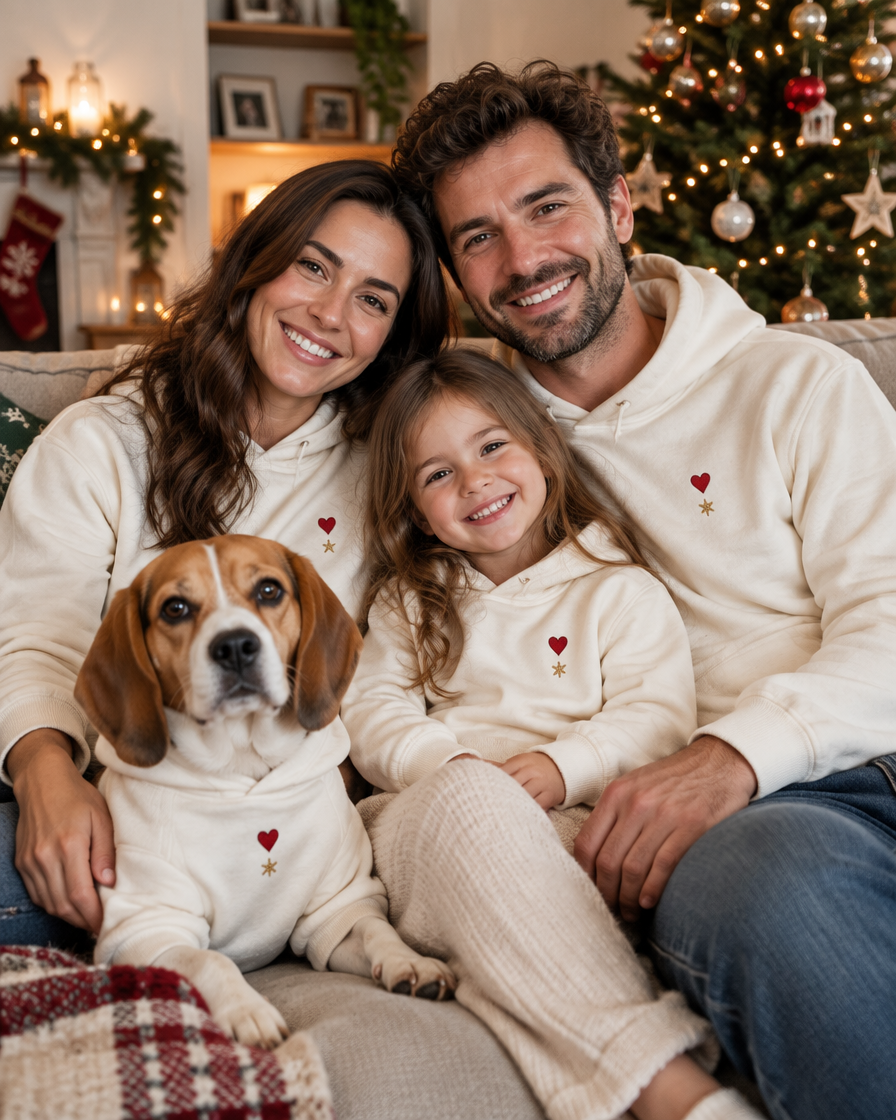 Familie mit Hund im Weihnachts-Partnerlook mit personalisierten Hoodies
