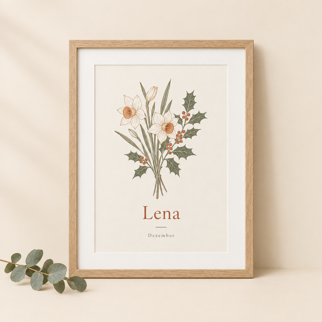 Geburtsblumen-Poster mit Name Lena im Eichenrahmen