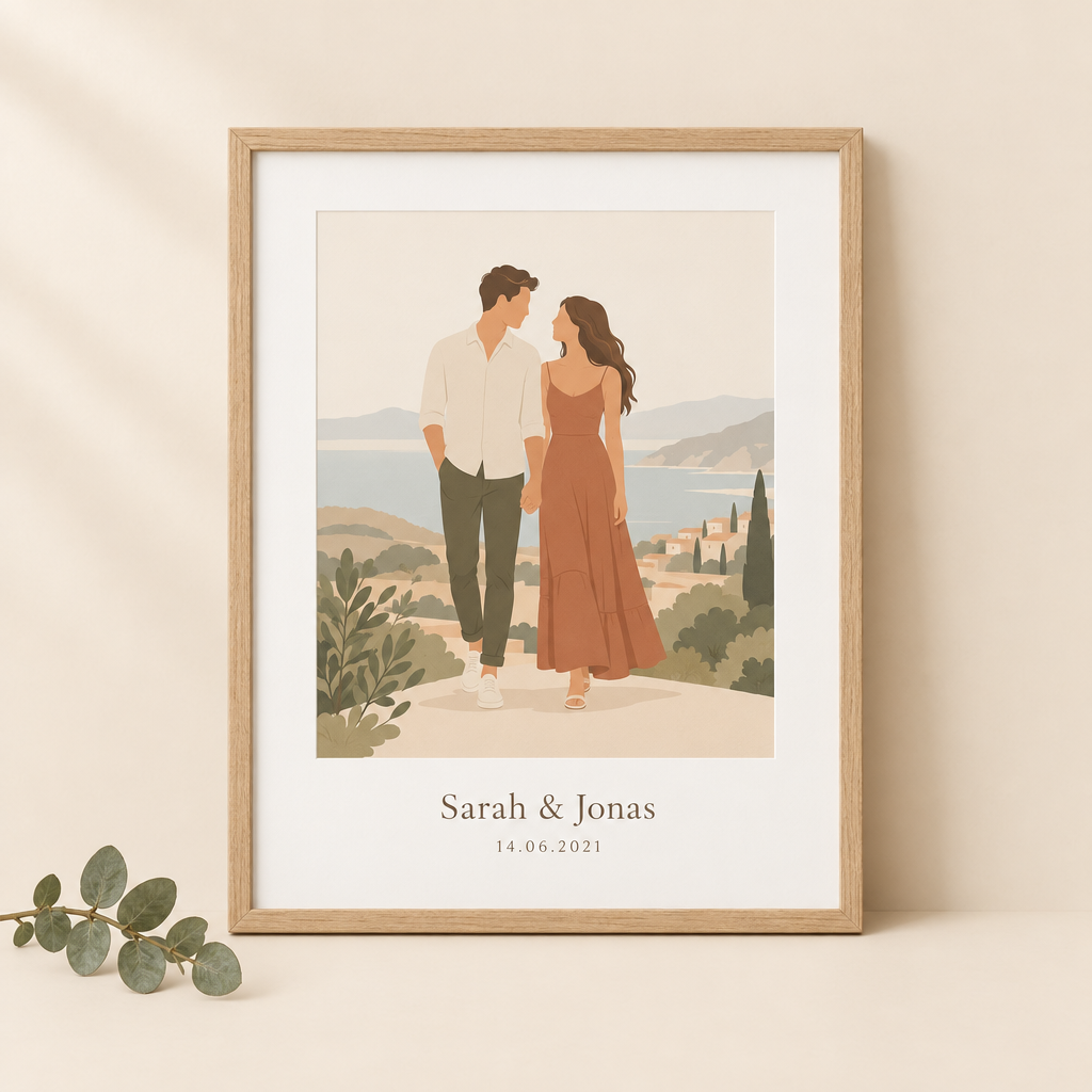 Pärchen-Illustration als Poster mit Namen und Datum