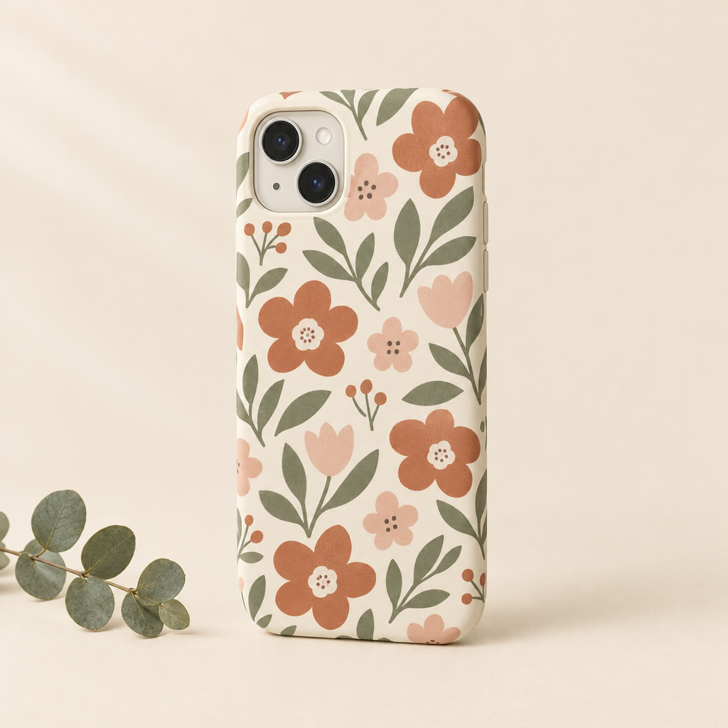 Handyhülle mit Blumenmuster in Terrakotta und Salbeigrün