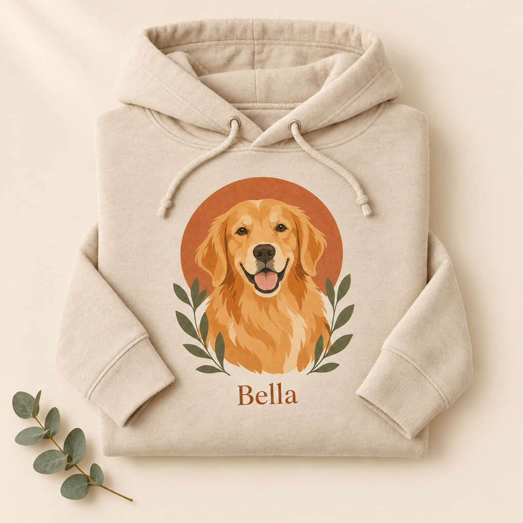Beiger Hoodie mit gezeichnetem Hundeporträt und Namen auf der Brust
