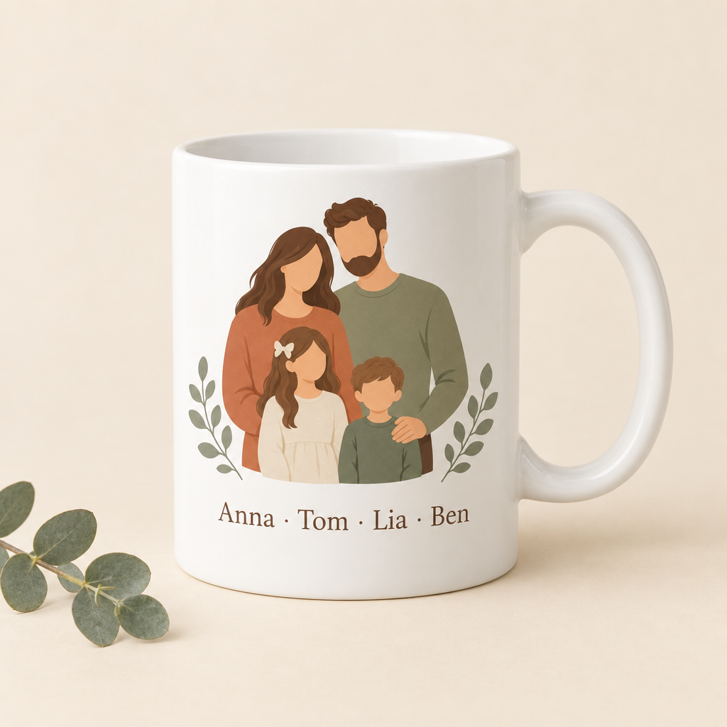 Familien-Tasse mit gezeichneter Familien-Illustration und Namen