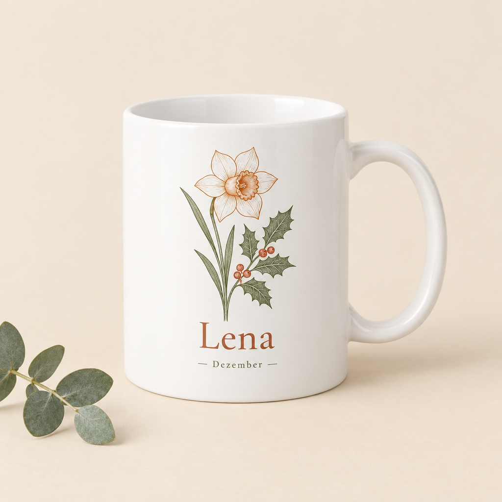 Geburtsblumen-Tasse mit Name Lena und Dezember-Blume