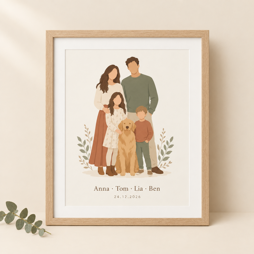 Familien-Illustration als Poster im Eichenrahmen mit Namen