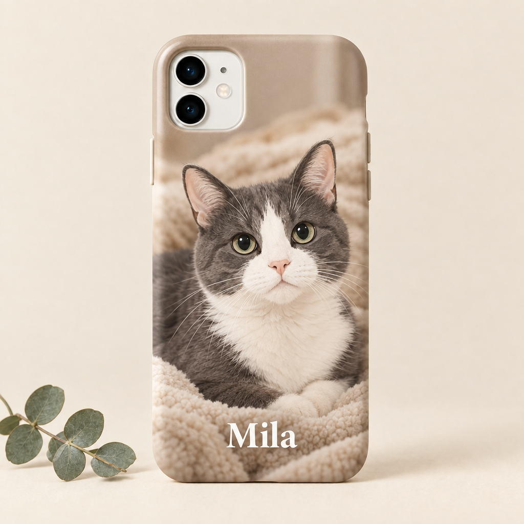 Handyhülle mit Originalfoto der Katze und Namen