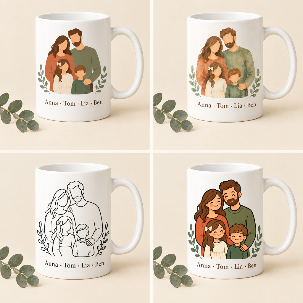 Familien-Tasse in 4 Stilen: Flat, Aquarell, Linie und Cartoon