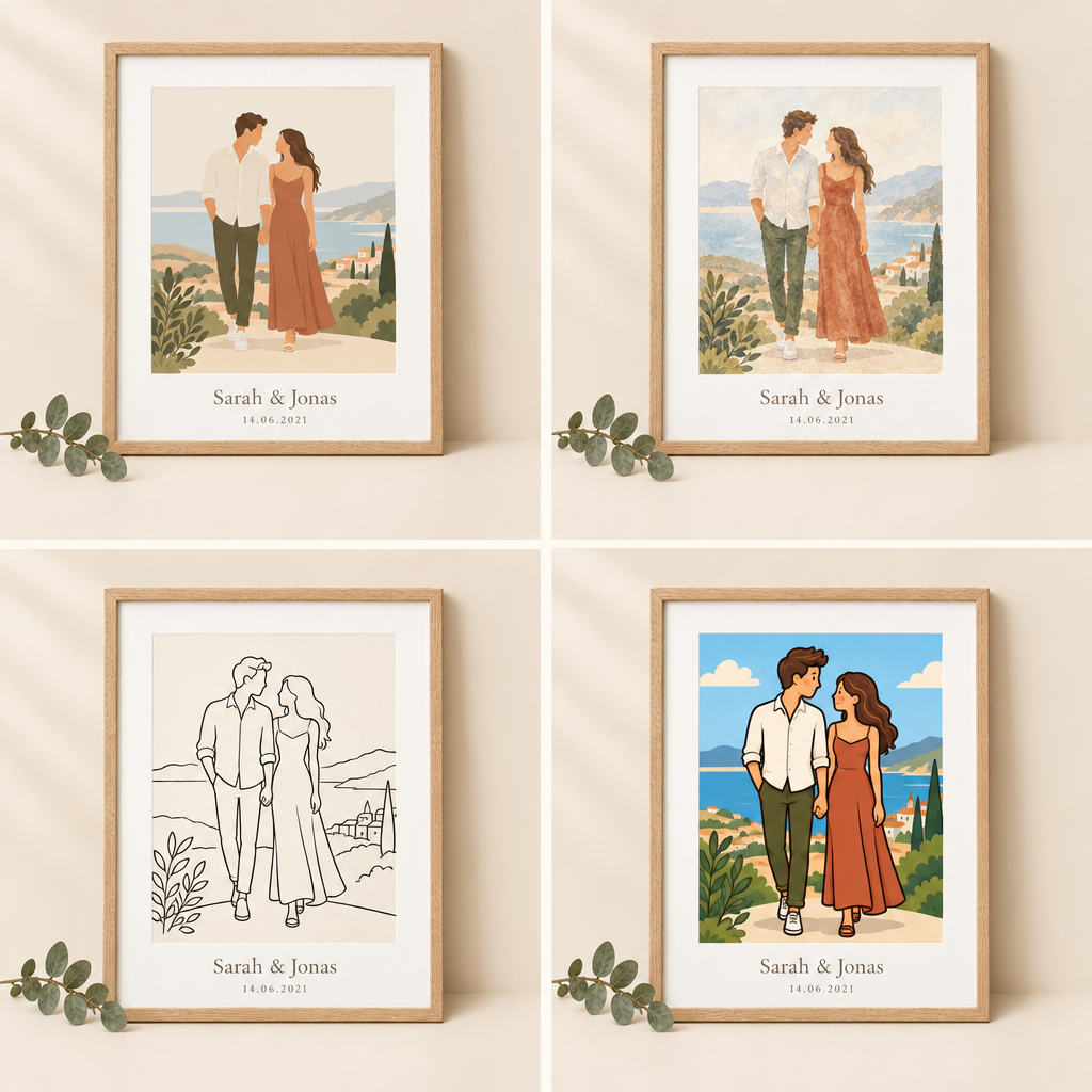 Pärchen-Poster in 4 Stilen: Flat, Aquarell, Linie und Cartoon