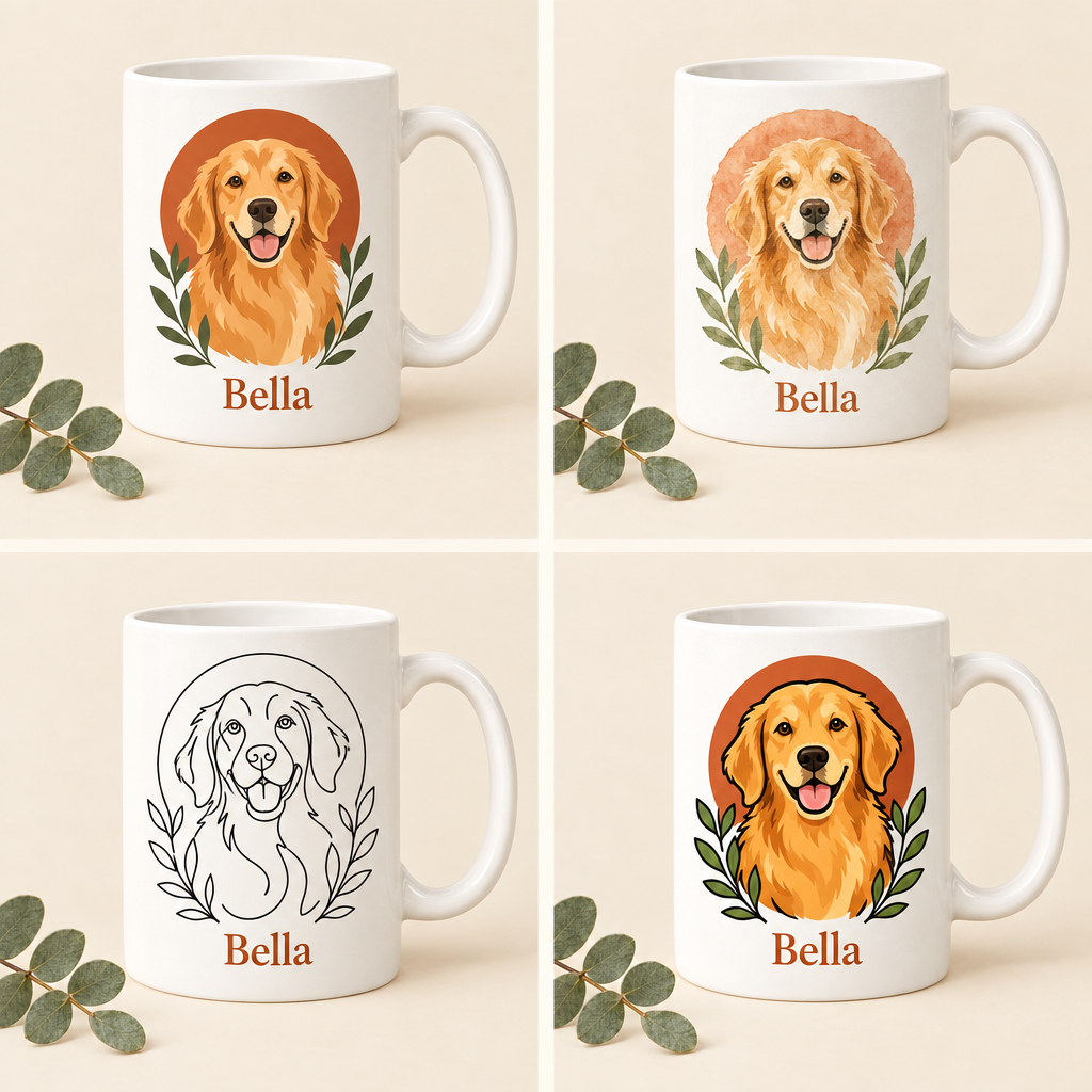 Haustier-Tasse in 4 Stilen: Flat, Aquarell, Linie und Cartoon