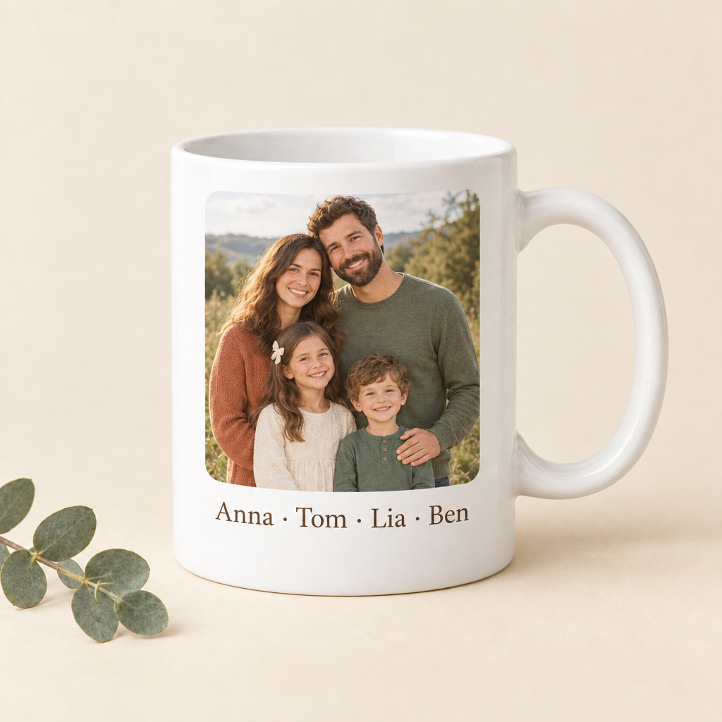 Familien-Tasse mit Originalfoto und Namen