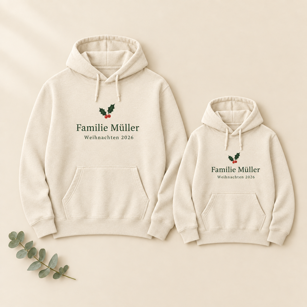 Weihnachts-Hoodies Familie Müller in Natur für Erwachsene und Kinder