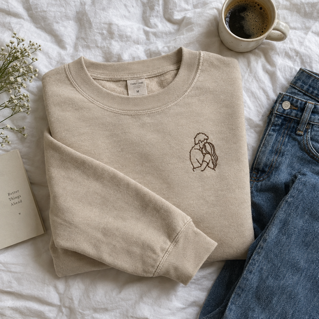 Bestickter Pullover mit Paar-Linienporträt auf Bettwäsche mit Kaffee