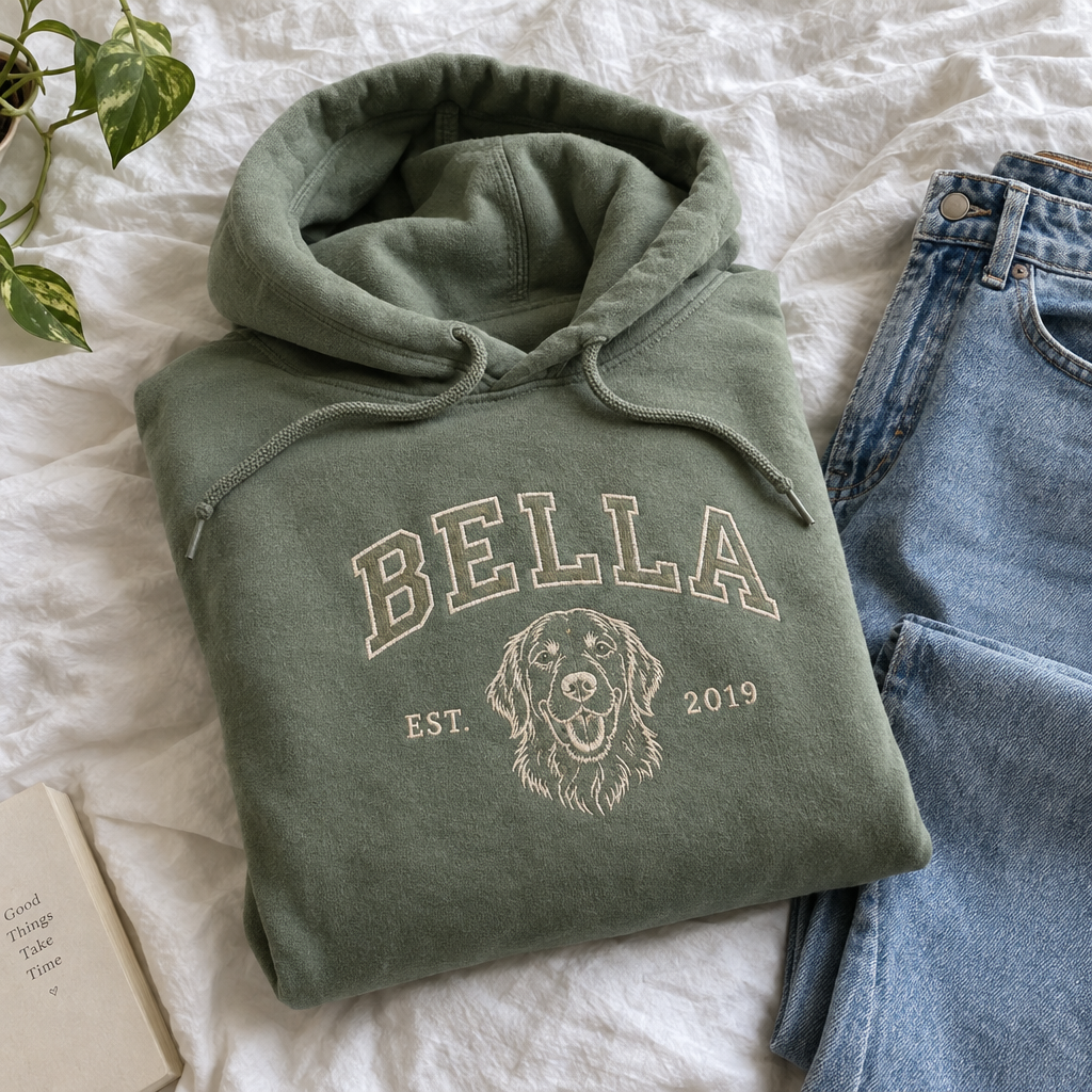 Bestickter Haustier-Hoodie BELLA auf Bettwäsche mit Jeans