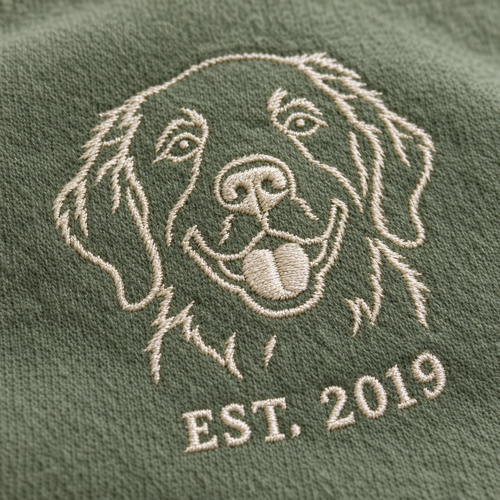 Nahaufnahme der Stickerei: Hundegesicht als Linie und EST. 2019