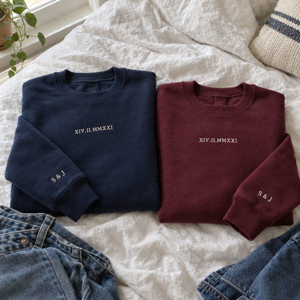 Partnerlook: zwei Pullover in Navy und Bordeaux mit römischem Datum