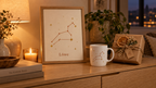 Sternzeichen-Poster und Tasse als Geschenk auf dem Sideboard