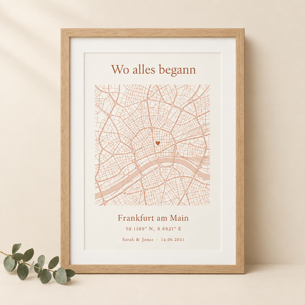 Poster Wo alles begann mit Stadtkarte Frankfurt, Koordinaten und Namen