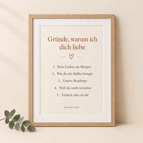 Poster Gründe warum ich dich liebe mit Liste und Namen im Eichenrahmen