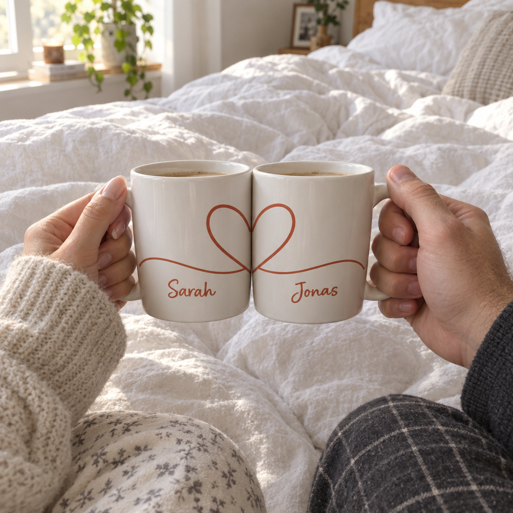 Pärchen-Tassen mit Herz im Bett am Morgen