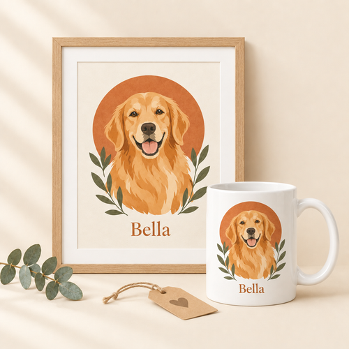 Haustier-Geschenkset: gerahmtes Hundeporträt Bella und passende Tasse